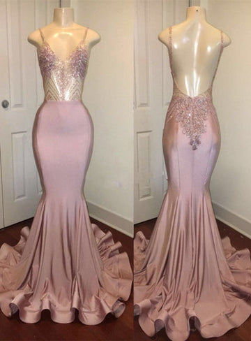 TRENDY PINK BEADS SPAGHETTI STRAP PROM PARTY GOWNS| MERMAID PROM PARTY GOWNS HZ1023